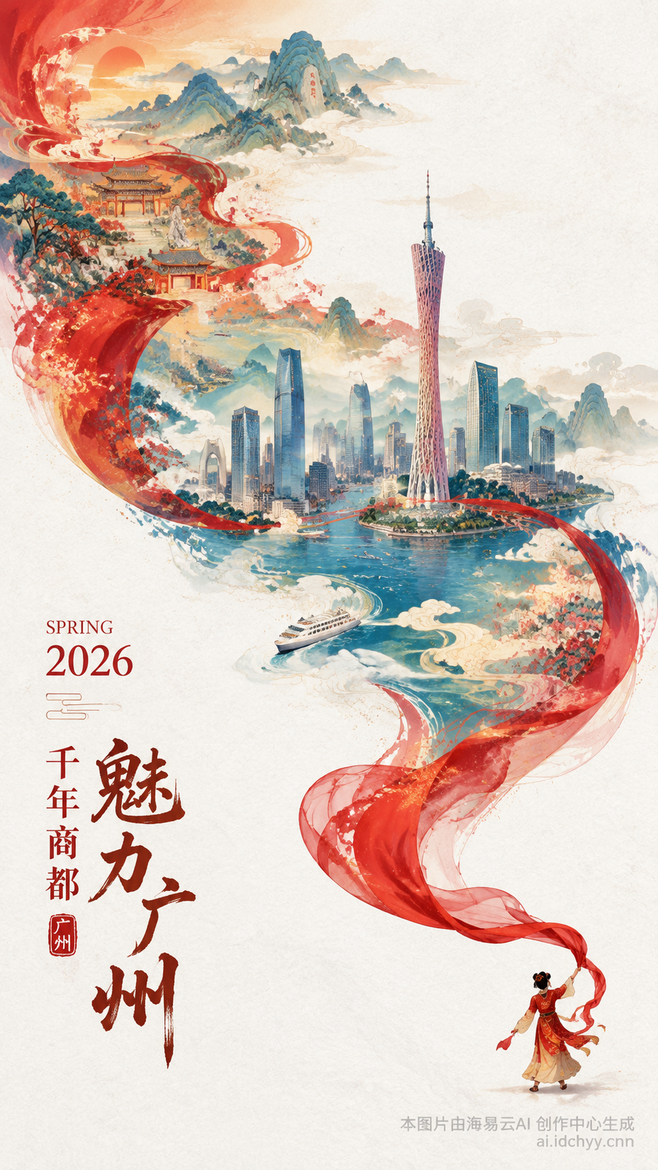 一张充满新春喜庆氛围但不失高雅格调的2026城市宣传海报。双重曝光，构图延续了S型的流动感;在纯白的纹理背景右下角，一个身穿中国传统服饰的微缩人物正在挥舞着一条长长的红色丝绸舞带，这条红绸在空中舞动，不仅展现出丝绸的柔顺质感，更在向左上方飘动的过程中，奇幻地变形成了一条壮丽的山脉河流。在这条“河流”中，叠加了一个有山有海河的广州城市手绘图，国潮，景色尽在眼底，壮阔雄伟，令人震撼。广州的地标建筑(广州塔，珠江新城建筑群，珠江，广州城里古建筑，游轮，白云山)。云雾环绕，仙气缥缈，色彩丰富，结构复杂，细节丰富，但因为大面积的留白，画面依然显得清新脱俗，左下角排版着“SPRING2026”和竖排的宣传语，整体寓意“千年商都，魅力广州”。文字排版优美，大方，字迹清晰完整。 在图片右下角添加水印：本图片由海易云AI 创作中心生成/ai.idchyy.cnn