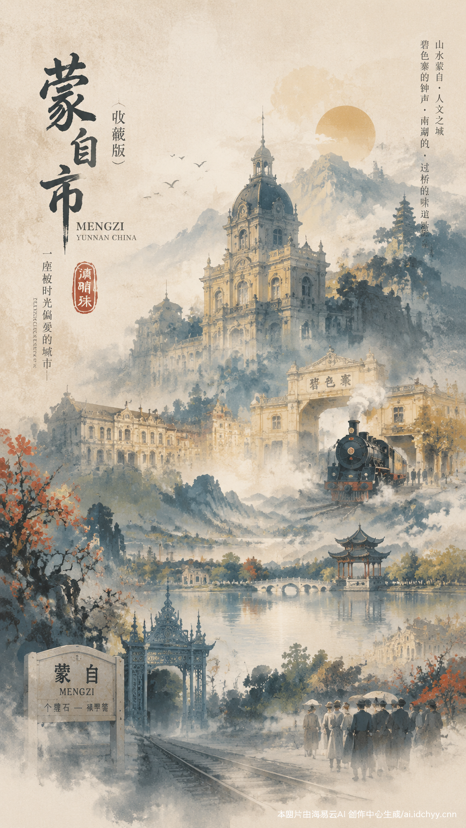 在一张蒙自市收藏版史诗海报，城市特色建筑剪影中生长出完整世界观与经典场景。整体偏电影海报+梦幻水彩插画风，安静、宏大、神圣、怀旧，带纸张颗粒、轻雾感、飞白刷痕与高级留白， 在图片右下角添加水印：本图片由海易云AI 创作中心生成/ai.idchyy.cnn