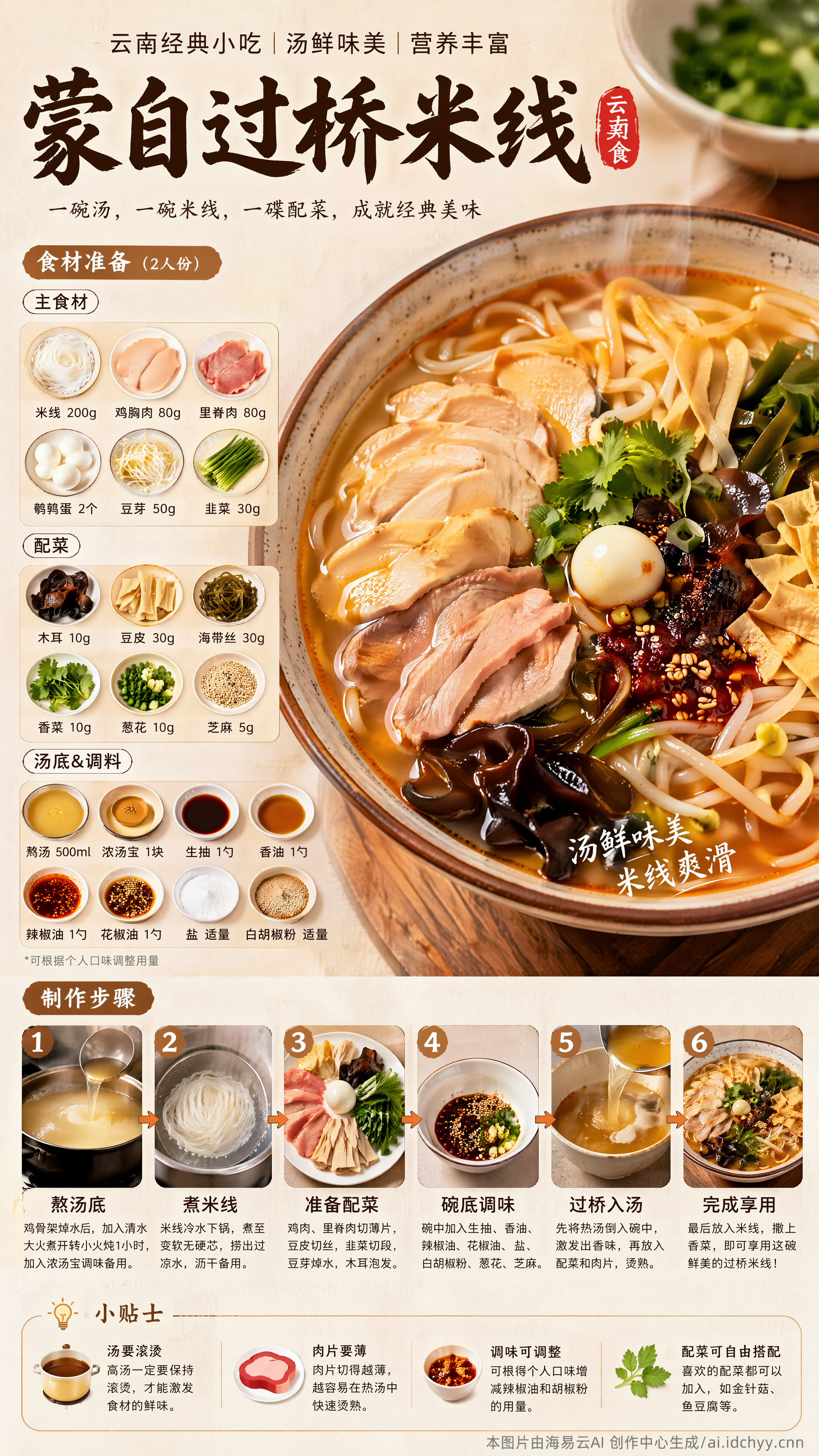 高分辨率中文菜谱信息图海报，主食：蒙自过桥米线，成品特写，酱汁浓郁有光泽，食材细节清晰，热气腾腾，极具食欲感 版式设计：结构化菜谱排版，上方大标题，中间食材区，下方步骤区，信息层级清晰，易读性强 构图：右侧为大幅成品图（主视觉），左侧为食材与调料展示，底部为步骤分解（1-6步），每一步配小图+简短说明 风格：小红书爆款菜谱风，干净现代中文排版，标题醒目，生活化又高级 背景：浅米色/暖白色纸质纹理背景，干净柔和不过于单调 光影：自然柔光，轻微暖色调，阴影柔和，真实食物质感 食物表现：酱汁浓稠、油光自然、点缀芝麻/香菜/葱花，颜色鲜艳但不过度饱和 细节设计： - 食材配图+小标签说明 - 步骤编号清晰（1-6大数字） - 步骤之间有箭头引导 - 底部有小贴士模块（带小图标） - 全中文，无外文 摄影感：50mm美食摄影，浅景深，真实质感，高清细节，轻微胶片颗粒感 在图片右下角添加水印：本图片由海易云AI 创作中心生成/ai.idchyy.cnn